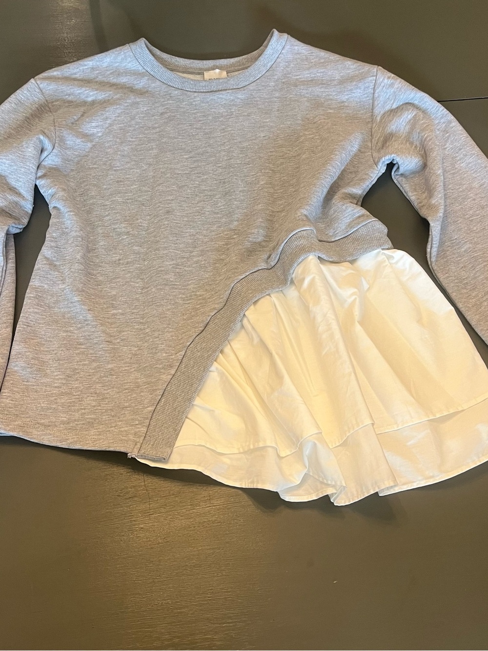 Maeve Gray Asymmetrical Sweatshirt with White Ruffle Hem